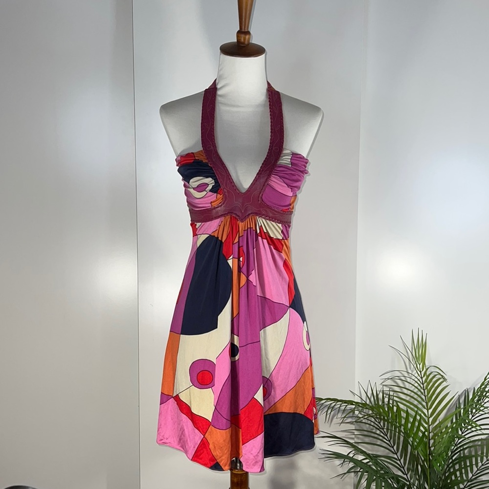 SKY pink multi color print genuine leather halter tunic dress